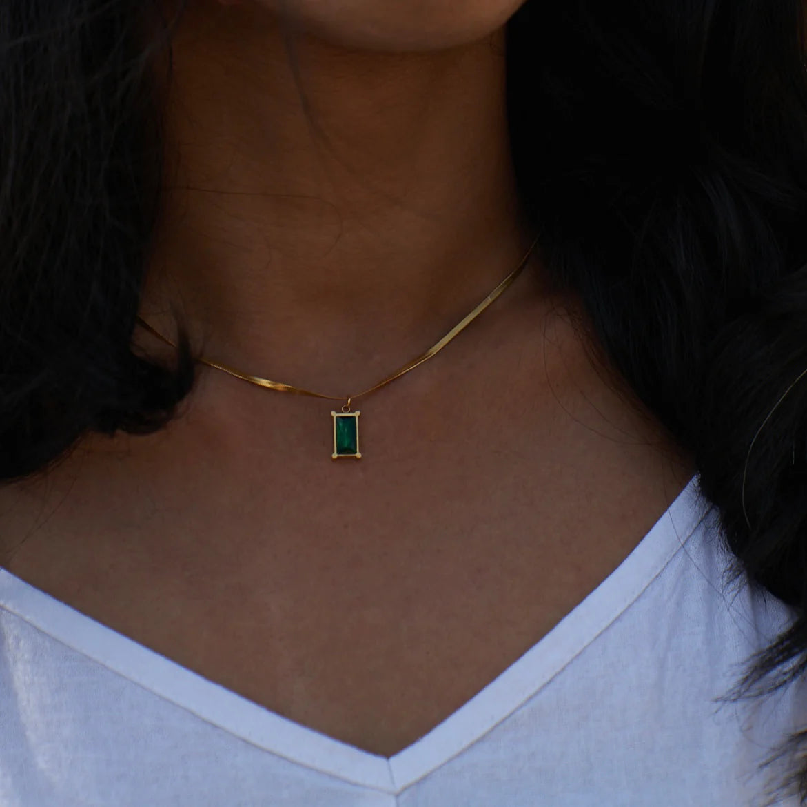 Emerald Thin Chain Necklace -18K Gold Plated